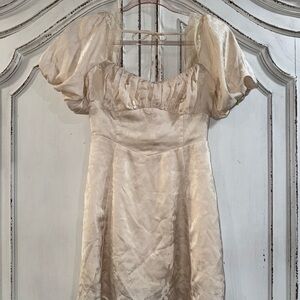 All in Favor Ivory Cream Floral Satin Dress with Puff Detail